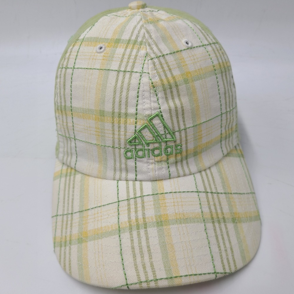 Women Adidas Hat Strapback Green White Yellow Plaid Climalite Golf Casual Cotton
